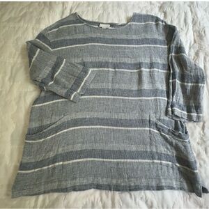 J Jill Linen Blend Pure Jill Tunic Top Blue White Stripe Boxy Pockets Size Large